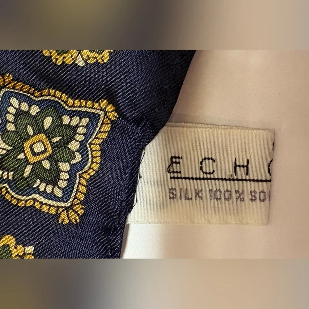 ECHO Vintage Navy and Gold 100% Silk Patterned‎ Scarf
